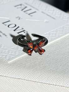 1pc Unisex Fashion Punk Goth Dark Butterfly Pomegranate Red Crystal Open Ring, Unisex Men Women Finger Ring, Suitable For Daily Decoration Wear