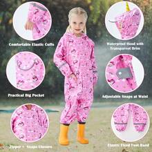 WSXC Toddler Rain Suit For Boys Girls One Piece Hoodie Zipper Cartoon Waterproof Coverall Rain Jacket 1-10 Years - 粉色 - 查看 2