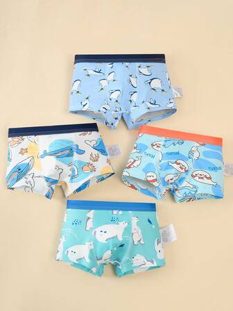 4pcs/Pack Boys' Soft & Skin-Friendly Cartoon Animal Graphic Print Comfortable Briefs, Toddler/Little/Big Kids