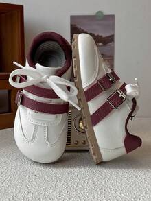1 Pair Casual & Fashionable Children's Sports Shoes, PU Leather Patchwork Upper, Soft & Comfortable, Lightweight, Convenient Hook And Loop Closure, Contrast Color Design, Simple & Versatile, Suitable For All Seasons