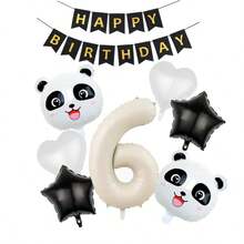 8pcs Cute Panda Head Foil Balloons, Cartoon Panda Balloons For Party Decoration, Paired With Black & White Hearts, Pentagram, Happy Birthday Letter Banner, Suitable For Panda Themed Birthday Party, Baby Shower, Gender Reveal, Anniversary And Other Celebrations - Beige - View 6