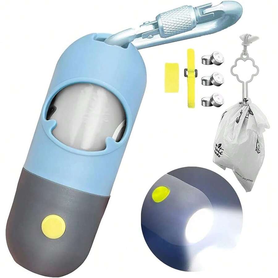 Dog Poop Bag Dispenser With Built-In LED Flashlight And Metal Clip For Leash, Pet Waste Bag Holder, Dog WalFKing Accessory (Blue),1Count(Packof1),Blue - Blue - 查看 1