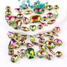 50pcs/Pack, Multi-Color, Mixed Shape Handmade Sew-On Glass Rhinestone Decorative Beads, Flat Gold Metal Base With Hole, Shiny Crystal DIY Accessories Sewing Materials For Decorating Clothes, Dresses, Bags, Shoes, Brooches, Earrings, Handicrafts - Shapes Mix - View 7