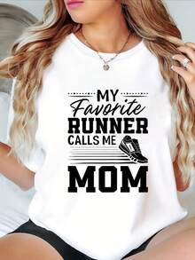 100% Cotton Women's "My Favorite Runner Calls Me Mom" Graphic T-Shirt - White Casual Short Sleeve Round Neck, With Running Shoe Design, Breathable Fabric, Machine Washable, Spring/Summer Regular Fit, Comfortable Daily Wear Fashion Design, Soft Fabric,  Loose Fit, Hip Hop Street Style, Unisex, Home Daily Wear - 黑色 - 查看 6