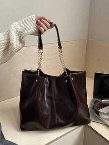 New Pleated Large Capacity Tote Bag, Korean Style, Versatile & Commuter-Friendly Shoulder Bag - Coffee - View 5