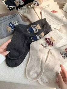 1/5 双随机可爱小熊中筒袜，加厚保暖羊毛混纺情侣袜，秋冬款 [6双/10双] - 彩色 - 查看 5