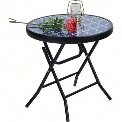 PHI VILLA Folding Side Table, Foldable Coffee Table, Outdoor Garden Table, Small Round Patio Table - Black
