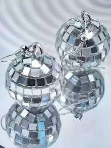 1对优雅简约闪亮镜面球形耳坠 - 銀色 - 查看 3