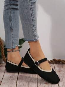 大码女士休闲麂皮平底乐福鞋，方头奶奶鞋，秋季法式复古玛丽珍平底鞋，仙女风奶奶鞋，春季新款低帮方头鞋 - 黑色 - 查看 5