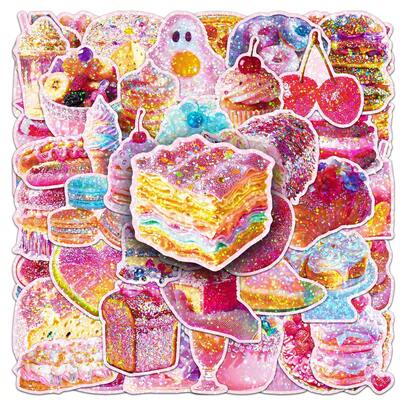 50Pcs Holographic Food Stickers Cute Glitter Dessert Cake Ice Cream Candy Scrapbook Aesthetic Stickers Pack Sparkly Party Favors Vinyl Waterproof Stickers For Water Bottle,Computer,Laptop,Phone,Luggage,Notebook,Fridge