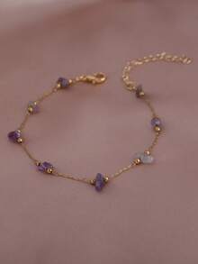 Nooxian 1件手工制作不褪色紫色天然石手链，女士简约不锈钢天然石手链（宝石形状和珠子数量随机） - 彩色 - 查看 8