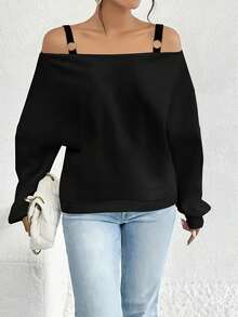 Fashionable Minimalist Solid Color Off Shoulder Long Sleeve Sweatshirt, Spring/Autumn - Black - View 5