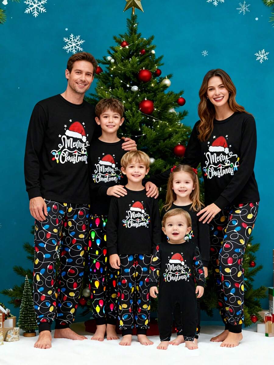 Family Matching Christmas Pajamas Set Letter String Lights Print Holiday Pajamas Sleepwear Pants Set Festival Party Pj Set Sleepwear 2Piece Xmas Oufit