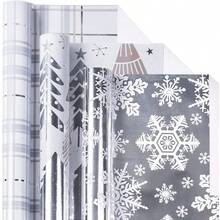 LeZakaa - Mini rollo de papel de regalo de Navidad papel metálico plateado diseño de árbol/copo de nieve/cuadros para papel de regalo manualidades de arte 17 x 120 pulgadas 3 rollos 42.5 pies - Plateado - Ver 2