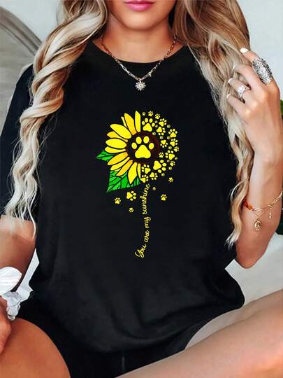 100% Cotton Sunflower Dog Doglover Pets Paw Apparel For Women Men T-Shirt Graphic T-Shirts For Men And Women, Casual Printed Short-Sleeved Women's Tops, Women's Clothing