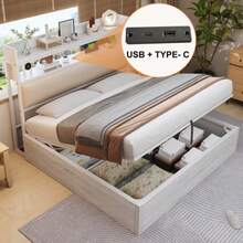Bettrahmen 180 x 200 com hidraulischer Hebevorrichtung, USB, gepolstertem Kopfteil, Vintage-Design aus Holz und Metall, verstecktem Stauraum Doppelbett Moderne Schlafzimmermöbel Branco - Branco - Ver 4