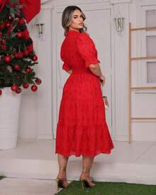 Women's Midi Dress With Embroidered Lace, All-Over Print, Embroidery, Button Detail, Ruffle Detail, Gathered Detail, Suitable For Formal And Evening Wear. - Red - View 3