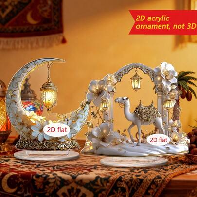 1/4件套 2D金色骆驼亚克力桌面摆件，带新月形灯笼，阿拉伯风格，适用于办公室、餐厅、咖啡厅，可作装饰品，是节日送礼的理想之选。
