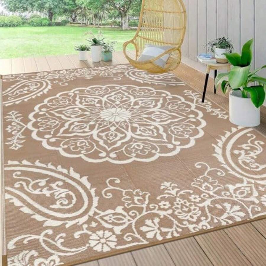 AWYYWaterproof Outdoor Rug 5x8 Reversible Plastic Straw Patio Camping Rug Indoor Outdoor RV Mat Carpet For Deck Camper Porch Balcony Backyard Picnic Boho Brown - 5x8 - View 1