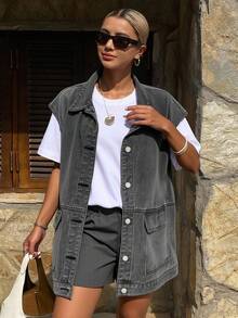 Livesso Women Vest Denim Jacket With Flap Coats Fall/Winter - Grey - View 1
