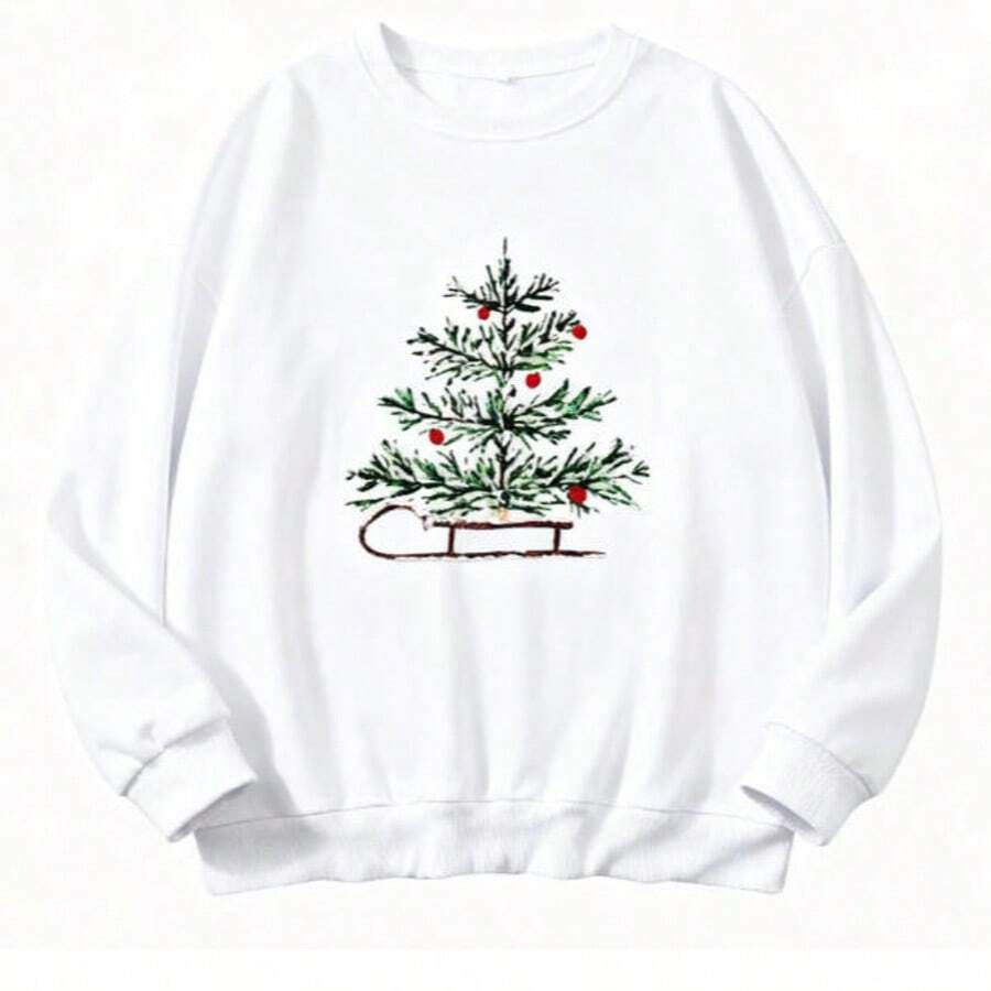 Christmas Tree Print Women's Casual, Stylish, And Elegant Crew Neck Sweatshirt. Perfect For Parties, Comfortable Family Gatherings, Everyday Casual Wear, Christmas, Christmas Costumes, Christmas Women's Clothing, Christmas Gifts, Mother's Day Gifts, Machine Washable, Soft And Comfortable Fabric, Thanksgiving Gifts, Halloween Gifts, Autumn Women's Clothing, Warm Clothing, Winter Clothing, Outerwear, Patterned Tops, Minimalist Style Sweatshirts, Christmas, Halloween, Friday, Women's Christmas Costumes, Women's New Year's Costumes. - White - View 1