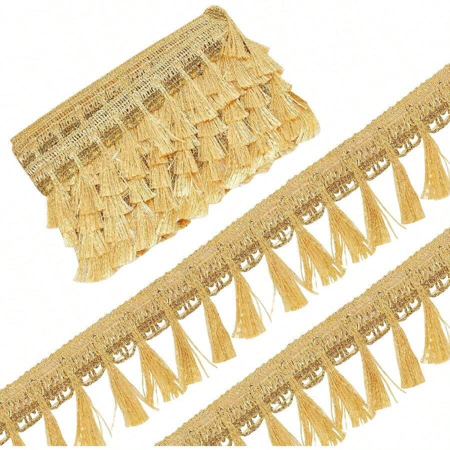 AWYY6 Yards Gold Fringe Tassel Trim 2.13 Polyester Fibre Fringe Lace Trim Ribbon Knitting Tassel Metallic Braided Edging Chainette Trimming For DIY Sewing Crafts Curtain Embellishments - 金色流蘇飾邊 - 查看 1