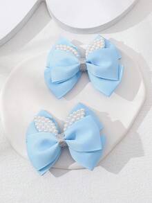 2 piezas Pinzas para el cabello con lazo acanalado dulce con cristales y perlas, accesorios para el cabello de niña sin daños - Azul - Ver 4