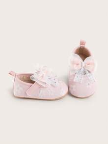 女婴公主蕾丝蝴蝶结软底学步鞋，0-1岁幼儿学步鞋，3-12个月新生儿鞋，春秋季 - 粉色 - 查看 6
