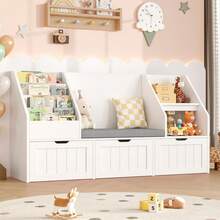 Toy Storage Unit, Toy Organiser Bookshelf, With Storage Bench And 3 Drawers On Wheels, 140x39.5x80cm - White - View 3