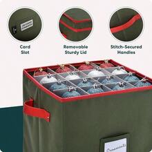 Almacenamiento de adornos de Navidad - almacena hasta 64 adornos navideos, divisores ajustables, cubierta y dos asas La atractiva caja de almacenamiento mantiene las decoraciones limpias y secas para la prxima temporada. - Verde-64 + 12" x 12" 12" - Ver 8
