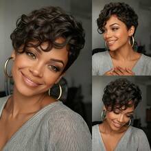 Elegant Fluffy Curly Pixie Short Wig With Bangs, Layered Curly Hair Design For Comfortable Wear, Rose Net Cap No Glue Needed, Suitable For Daily, Party, Christmas, New Year And K-Pop Culture - Natural Black - View 9