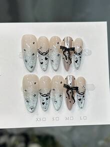 10 piezas de uñas ovaladas hechas a mano, uñas acrílicas postizas largas. Incluye: uñas nude rosadas minimalistas, uñas francesas azul brillante con efecto gato, uñas con lunares, corazones y líneas irregulares pintadas a mano, uñas con gemas 3D, lazos y pequeños diamantes incrustados, uñas elegantes y sencillas para otoño. Uñas postizas adecuadas para fiestas, uso diario, citas, playa y vacaciones tropicales. Suministros de arte de uñas DIY adecuados para mujeres y niñas como regalo. - Azul - Ver 9