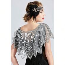 Shawl Wraps Sequin Beaded Evening Cape Bridal Shawl - Gray Silver - View 4