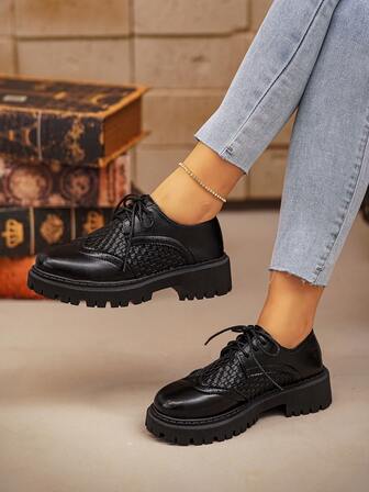 Women's Wedge Heel Platform Shoes, Solid Color Elegant Preppy Style PU Leather Lace-Up Fashion Versatile Shoes