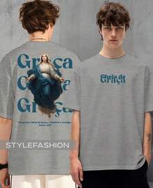 Camiseta Religiosa Maria Cheia de Graça Lucas 1:28 Salmos Deus Frase Jesus Cristã Camisa Unissex Algodão - Cinza - Visão 2
