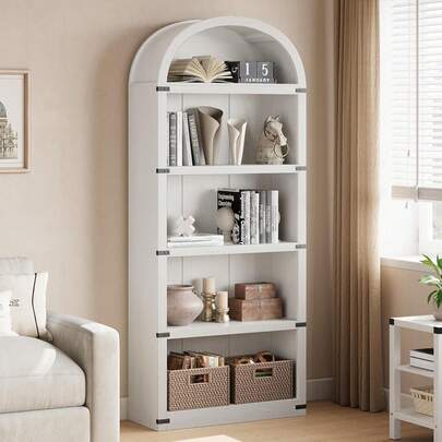 Librería arqueada de 5 niveles, 182 cm de alto, de madera, moderna, independiente, para sala de estar, dormitorio, comedor, hogar y oficina, 76 x 30 x 182 cm.
