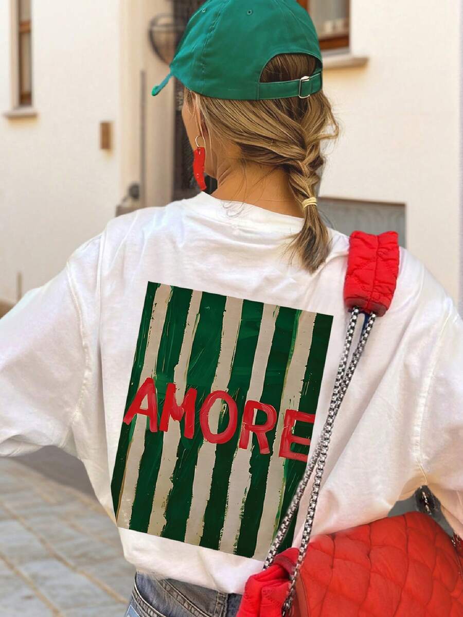 Neuer modischer Herbst/Winter gestreifter rot & grün farbiger Muster Lässig Rundhals Langarm T-Shirt, modisches & vielseitiges Damen Top - Weiss - Übersicht 1