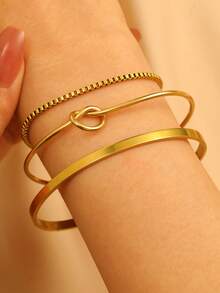 Bộ 3 vòng tay và lắc tay bằng thép không gỉ kiểu tối giản, thanh lịch, thời trang dành cho nữ, phụ kiện trang sức, lý tưởng cho đeo hàng ngày, ngày Valentine, kỳ nghỉ, lễ hội, quà tặng cho nữ, trang sức nữ, quà tặng bạn thân nữ, mùa hè, phong cách phương Tây. - Vàng - Xem 3