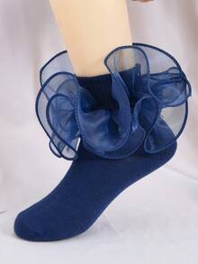 1 Pair Pure Cotton Children's Small & Medium Kids Solid Color Lace Ruffle Dance Short Socks - Navy Blue - View 3