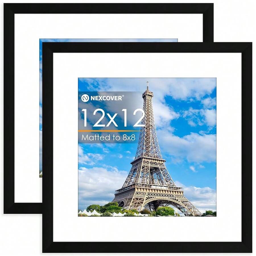 NEXCOVER 12x12 Frame Matted To 8x8 Picture Frames, Black 2PK Square Picture Frame For Horizontal And Vertical Wall Hanging, Lightweight Photo Frames With HD Plexiglass For Poster, Art Painting, Puzzle, Gallery,12''x12'',Black*2 - Đen*2 - Xem 1