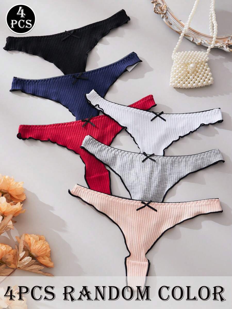 4pcs/Pack Sexy Women's Low-Rise Bow Lace Trim Thong Panties, Random Colors - Multicolor - View 1