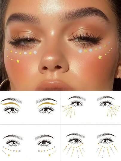 4 Sheets Gold Eyeshadow Stickers Cute Press On Eyeshadow Sparkle Freckle Temporary Tattoo Waterproof Glitter Eye Stickers Makeup For Festival Wedding Mother's Day Easter Party Supplies