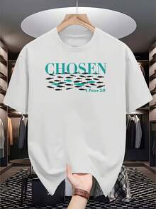 Men's Summer 100% Cotton T-Shirt with "CHOSEN" & Fish Graphic Print, Short Sleeve Round Neck Tee for Daily Wear, Machine Washable Regular Fit - Blanco - Ver 1