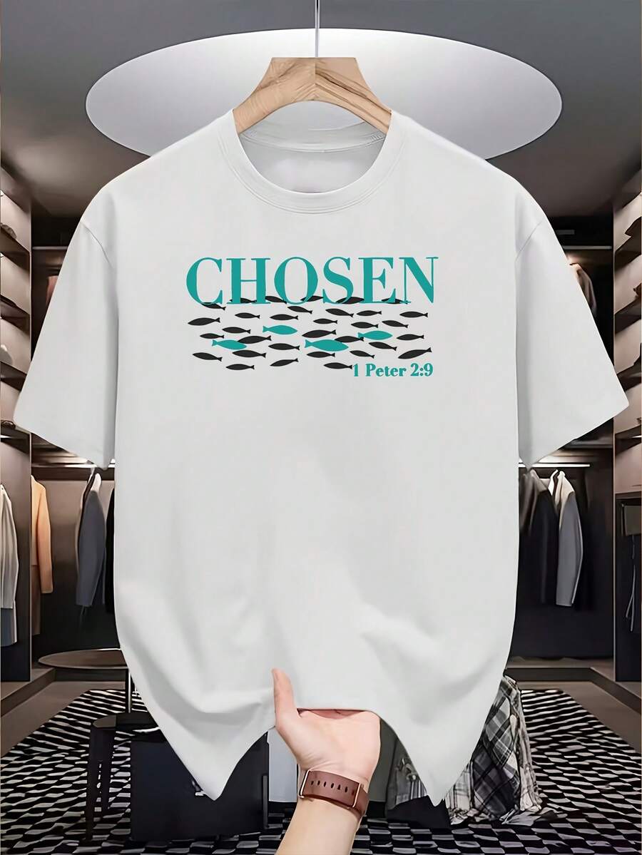 Men's Summer 100% Cotton T-Shirt with "CHOSEN" & Fish Graphic Print, Short Sleeve Round Neck Tee for Daily Wear, Machine Washable Regular Fit - Blanco - Ver 1