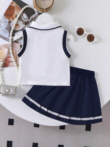 女童撞色蝴蝶结印花Polo背心和百褶迷你裙套装 - 白色 - 查看 2