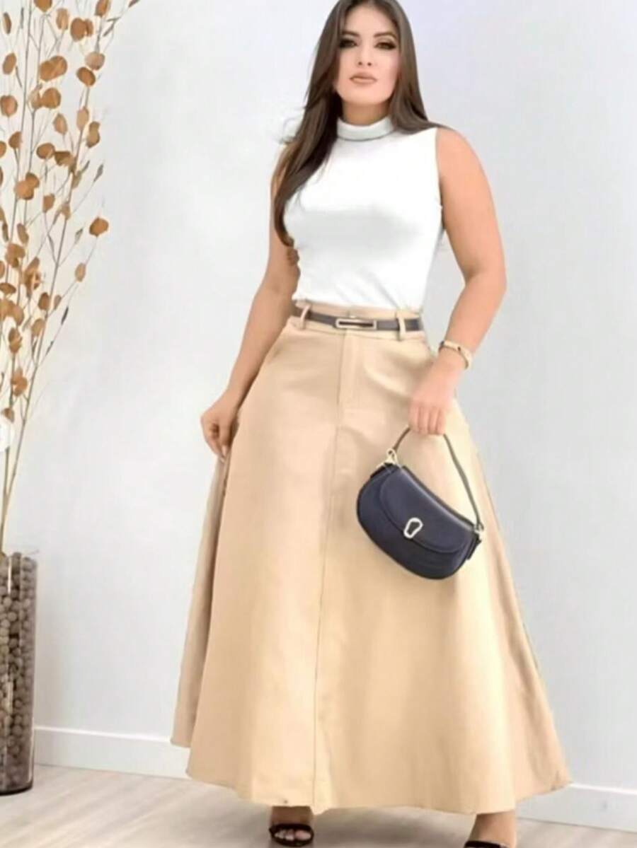 Women's Long, Full Skirt, Tailored, Evangelical Fashion, Casual, Basic, Winter, High-Waisted, Elegant - 奶油色 - 查看 1