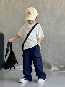 1pc Young BoyAll-Match Solid Color Comfortable Simple Versatile Cargo Pants - Navy Blue - View 3
