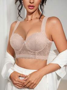Reggiseno push-up comodo e sexy da donna con ampi lacci in pizzo e fiocco, adatto per tutte le stagioni - Beige - Visualizzare 4