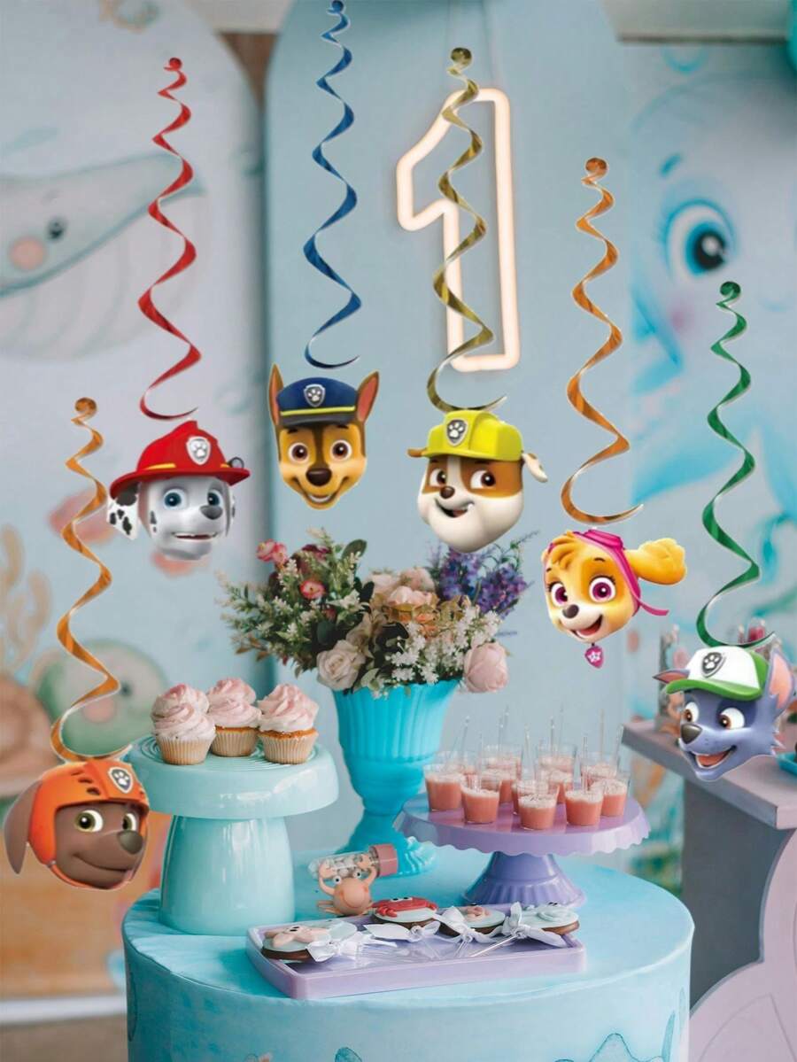 Paw Patrol 6件套汪汪队立大功生日/新年装饰品，悬挂式螺旋旋转装饰，适用于客厅、生日装饰、超级英雄主题派对用品横幅套装，适合儿童房/客厅 - 彩色 - 查看 1