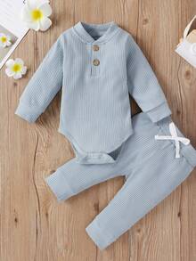 2 Pieces Baby Suit Set, Solid Color Round Neck Long Sleeve Romper And Trousers For Girls Boys - Blue - View 1